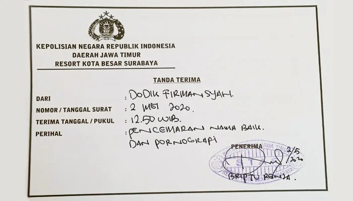 Wasekjen LPK-LI Resmi Layangkan Surat Aduan ke Polrestabes Surabaya Bukti Tanda Terima Surat Aduan