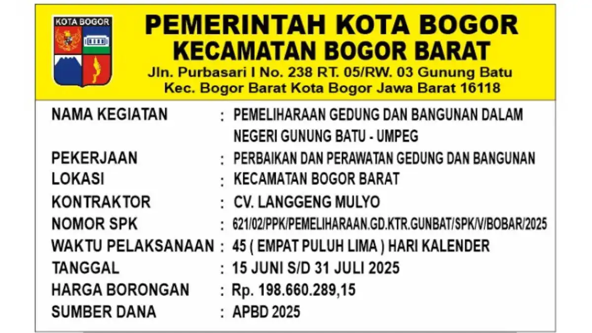 Pemkot Bogor Renovasi Kantor Kelurahan Gunung Batu Senilai Rp198 Juta