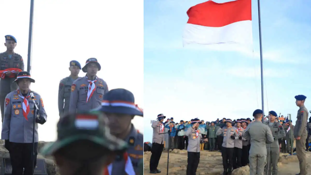Polda Jabar Kibarkan Bendera Merah Putih di Puncak Gunung Ciremai