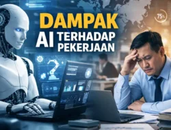 Ilustrasi dampak AI terhadap pekerjaan, memperlihatkan teknologi kecerdasan buatan dan pekerja manusia di lingkungan kantor modern.