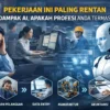 Ilustrasi dampak AI terhadap pekerjaan, menampilkan pekerja kantor dan teknologi kecerdasan buatan di lingkungan kerja modern. (terdampak AI).