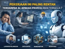 Ilustrasi dampak AI terhadap pekerjaan, menampilkan pekerja kantor dan teknologi kecerdasan buatan di lingkungan kerja modern. (terdampak AI).