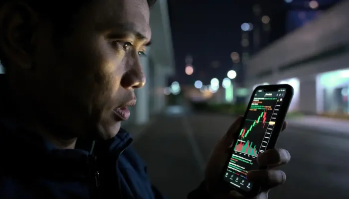 Aplikasi Stockbit menampilkan grafik candlestick saham dan fitur komunitas diskusi investor