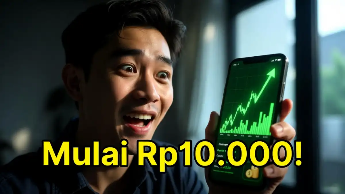 Aplikasi investasi terbaik untuk pemula terdaftar OJK 2026 ditampilkan di layar smartphone dengan grafik saham naik