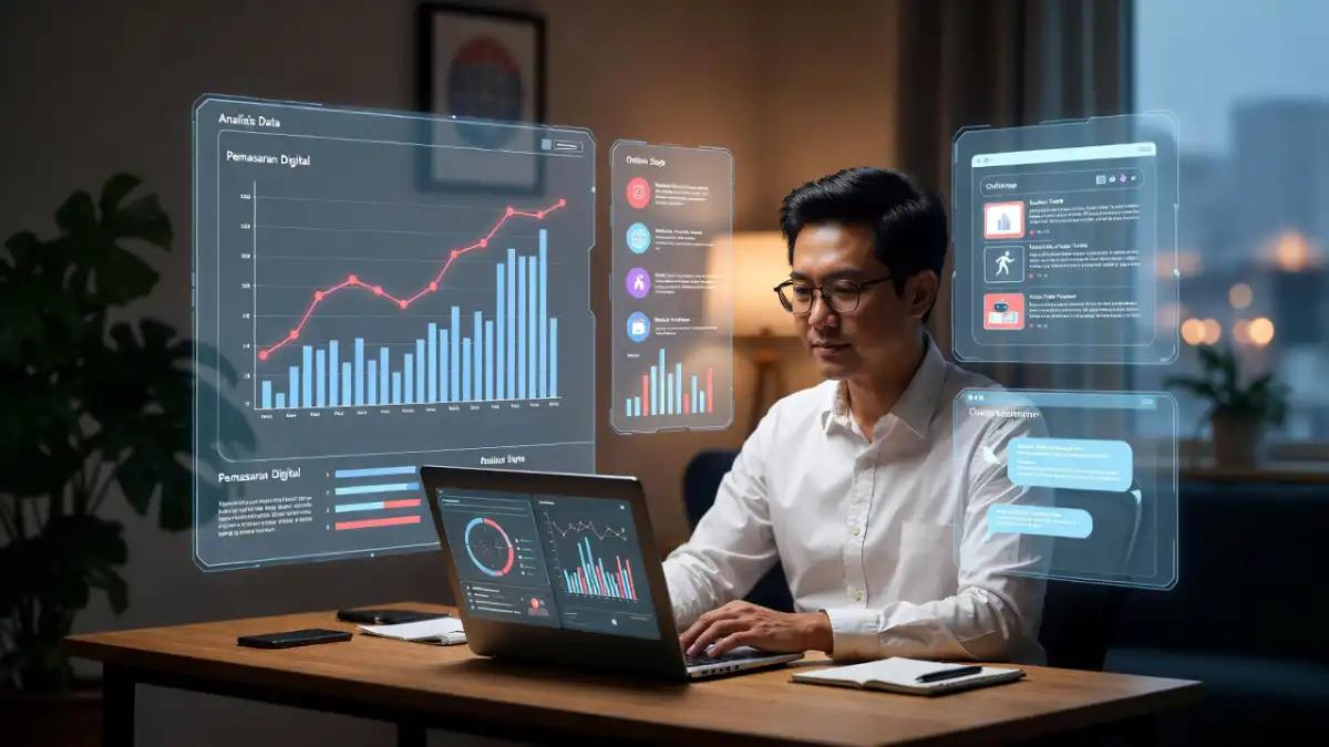 Digital marketing berbasis AI untuk UMKM menggunakan dashboard analitik dan otomatisasi untuk meningkatkan omzet 2026