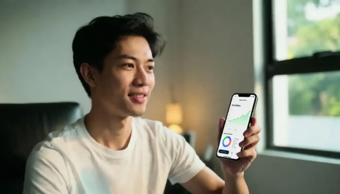 Aplikasi Bibit menampilkan portofolio reksadana dan SBN dengan grafik pertumbuhan di layar smartphone