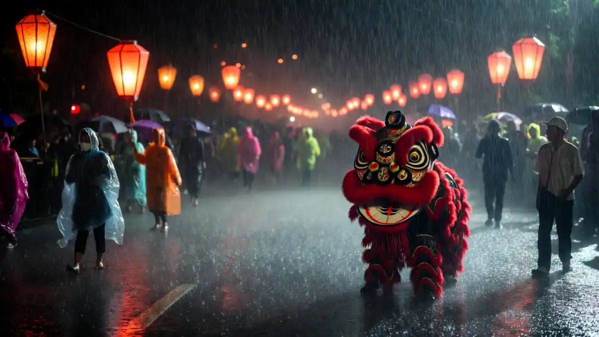 Hujan deras mengguyur Bogor Street Festival Cap Go Meh 2026 di Suryakencana dengan ribuan warga mengenakan mantel hujan