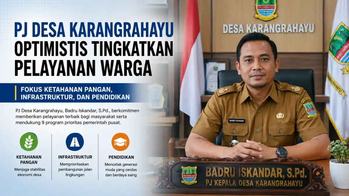 PJ Desa Karangrahayu Badru Iskandar, S.Pd., saat memberikan keterangan mengenai peningkatan pelayanan masyarakat, ketahanan pangan, pembangunan infrastruktur, dan pendidikan di Desa Karangrahayu, Kecamatan Karangbahagia, Kabupaten Bekasi.