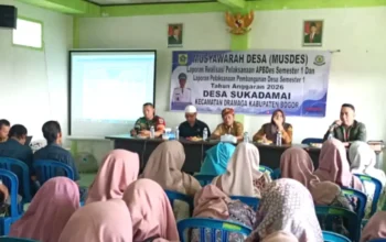 Musdes APBDes Desa Sukadamai Kabupaten Bogor membahas realisasi Dana Desa Semester I Tahun 2026.