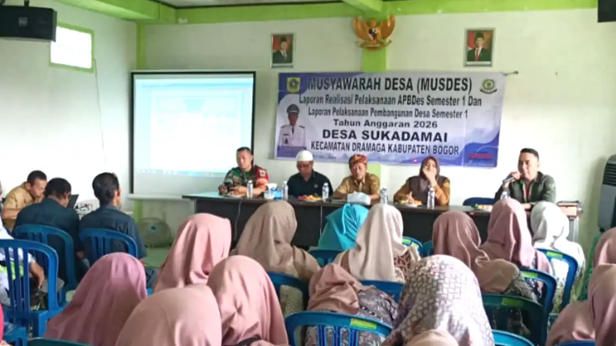 Musdes APBDes Desa Sukadamai Kabupaten Bogor membahas realisasi Dana Desa Semester I Tahun 2026.